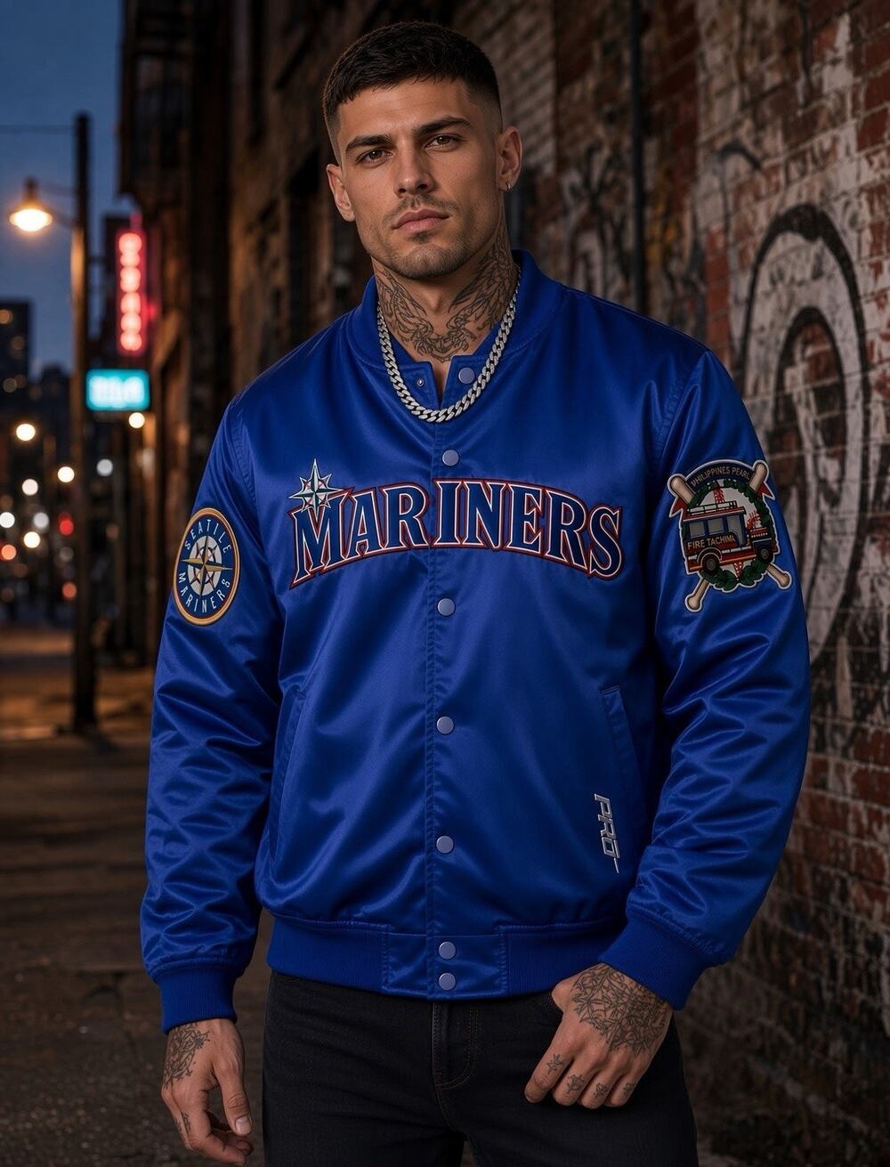 (S) Pro Standard Seattle Mariners Filipino Heritage Satin Bomber Jacket Blue NWT
